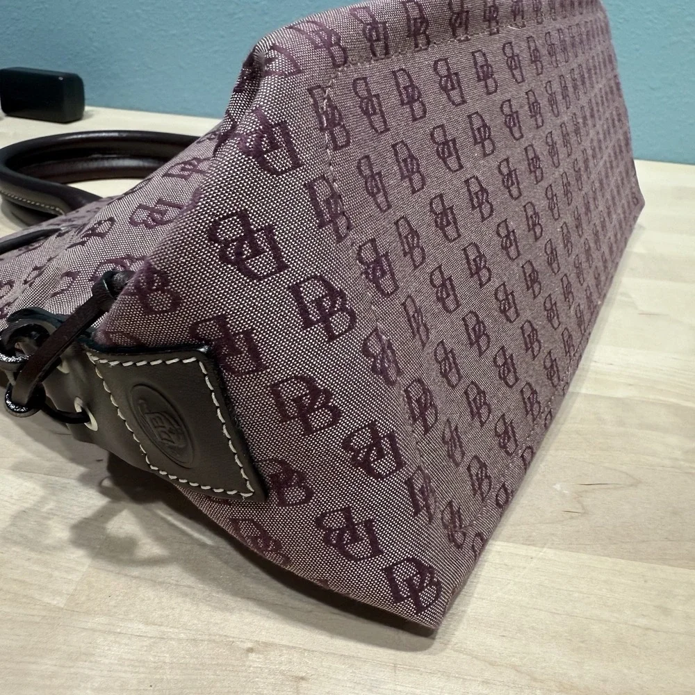 Dooney & Bourke Signature Canvas Satchel Logo Bag Double Leather Handles Tassels